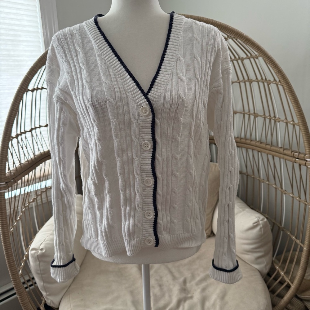 Northern Reflections White Cable Knit Cardigan Navy‎ Trim Medium